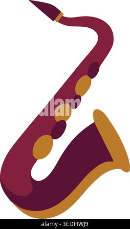 Einfache Illustration eines burgunderroten Saxophons mit goldenen Akzenten und einem gebogenen Korpus, der aufrecht dargestellt wird. Stock Vektor
