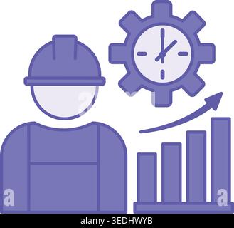 Farbiges Produktivitätssymbol. Vektorsymbol. Arbeiter in einem Schutzhelm, Ausrüstung, Zeit und Diagramm mit Pfeil nach oben. Indikator „Produktionseffizienz“. Werkskonzept Stock Vektor