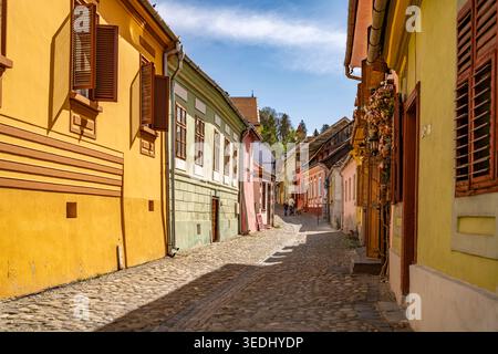 Die bunten Häuser der Altstadt von Sighisoara oder Schäßburg, Siebenbürgen, Rumänien | die bunten Häuser der Altstadt in Sighisoara, Transylvan Stockfoto