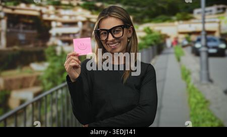 Frau mit rosafarbenem Haftnotiz mit gezogenem Lächeln, Hand auf der Straße neben Geländer und geparkten Autos; Optimismus positive Botschaft. Stockfoto