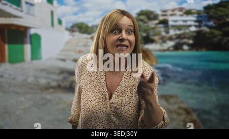Frau mittleren Alters zeigt mit offenem Mund und erhobener Hand in einem Studio am Meer mit türkisfarbener Wasserkulisse und weißen Gebäuden; Frustratio Stockfoto