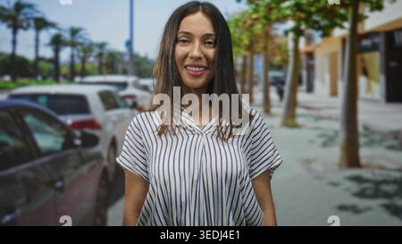 Hispanische Frau mit geschlossenen Augen und Gesicht nach vorne, leichtes Lächeln auf der Straße mit geparkten Autos und Ladenfronten; achtsame Ruhe. Stockfoto