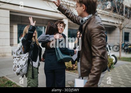 Studenten grüßen Freunde mit einer warmen Umarmung auf einem College Campus vor einem Universitätsgebäude Stockfoto