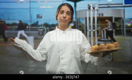 Die junge Küchenchefin hält mit einer Hand an der Bordsteinkante des Flughafens ein Tablett mit Muffins und Sträuchern, trägt weißen Mantel und neutralen Ausdruck; Ungewissheit Geduld. Stockfoto