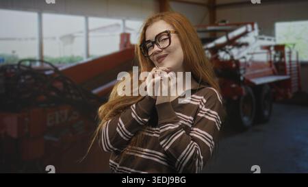 Rothaarige Frau, die Hände umklammert und mit einer Brille lächelt, Hände und Zähne zeigt, von roten Landmaschinen in einem Gebäude posiert; zufriedene Wärme. Stockfoto