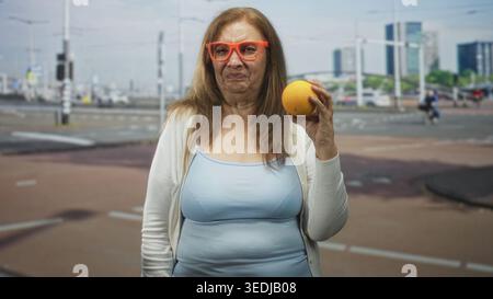 Frau mit Orange in der rechten Hand, orange Brille und hellblaues Tanktop auf der Straße; spielerische Neugier. Stockfoto
