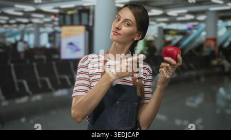 Frau in Schürze und gestreiftem Hemd zeigt den Finger auf einen roten Apfel, der in Handschuhen am Flughafenterminal gehalten wird; Vorsicht bei der Lebensmittelsicherheit. Stockfoto