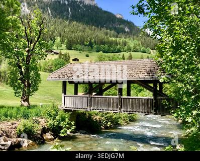 Idyllische Holzbrücke über den Fildrich Gebirgsbach im Sommer, Diemtigtal, Schweizer Alpen Schweiz Stockfoto