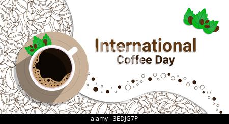 Kaffeetassen-Banner mit Kaffeebohnen- und Blattdekoration zum Gedenken an den internationalen Kaffeetag Stock Vektor