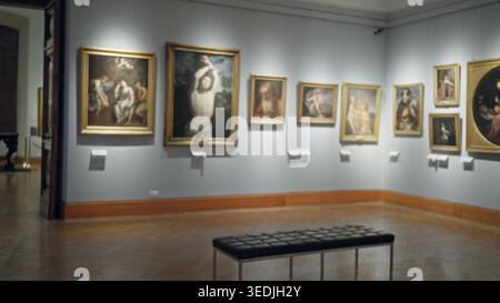 Innenraum der Kunstgalerie, defokussierter Museumshintergrund mit verschwommenen Gemälden, vergoldeten Rahmen und einer Bank auf Parkettboden; Hintergrund des Copyspace Stockfoto
