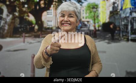 Frau zeigt auf der Straße den Finger auf die Kamera, lächelt mit sichtbaren Fingern und Armbändern, trägt Strickjacke und schwarzes Tanktop; verspielte Ermutigung. Stockfoto