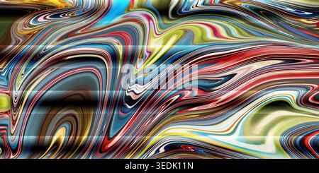 Dieses Bild zeigt ein lebendiges abstraktes Design mit wirbelnden Mustern in verschiedenen Farben, darunter Rot, Blau, Gelb und Grün, Schaffung einer Lebendigkeit Stockfoto