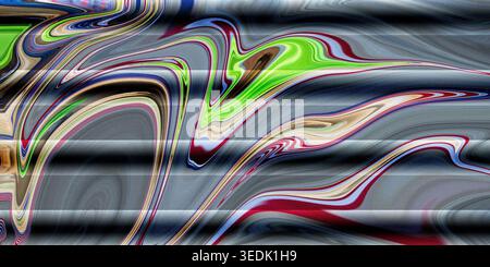 Farbenfrohes, abstraktes Marmordesign mit wirbelnden grünen, roten und grauen Farben in einer faszinierenden Komposition mit fließenden Formen und welligen Linien. Stockfoto