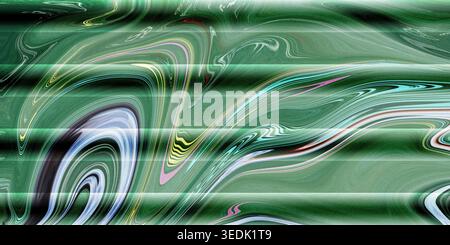 Grünes und mehrfarbiges abstraktes Design mit wirbelnden Wellenlinien und Kurven in einem faszinierenden Muster mit unterschiedlichen Grüntönen und anderen Farben Stockfoto