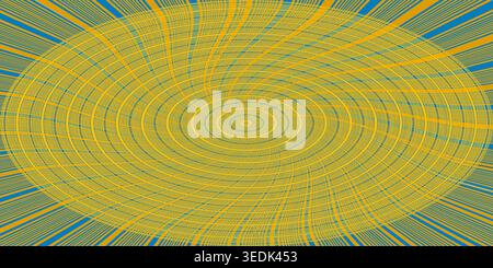 Ein lebendiges abstraktes Design mit konzentrischen Kreisen und strahlenden Linien in Gelb- und Blautönen, das einen dynamischen, hypnotischen visuellen Effekt erzeugt. Stockfoto