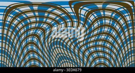 Ein abstrakter Hintergrund mit einem rhythmischen Muster fließender, wellenförmiger Linien in kontrastierenden Blau- und Brauntönen, die ein Gefühl fließender Bewegung hervorrufen. Stockfoto