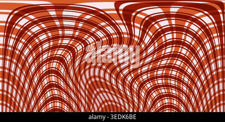 Ein heller abstrakter Hintergrund mit einem verzerrten Gitter aus orange und weißen Wellenlinien, der ein Gefühl von Bewegung und optischer Illusion erzeugt. Stockfoto