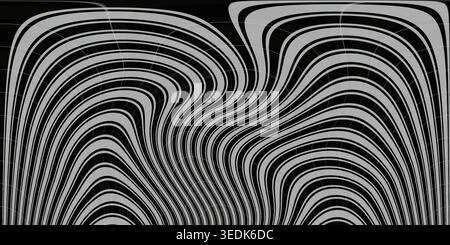 Ein kontrastreicher abstrakter Hintergrund mit fließenden, verzerrten Wellenlinien, die einen dynamischen optischen Illusionseffekt in Schwarzweiß erzeugen. Stockfoto