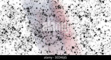 Ein abstrakter künstlerischer Hintergrund mit verstreuten schwarzen Tintenspritzern und Punkten über einer weichen, hellen Textur, isoliert auf weißem Hintergrund. Stockfoto