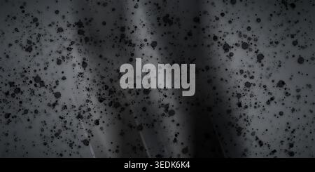 Ein abstrakter, dunkel strukturierter Hintergrund mit verstreuten schwarzen Tintenpunkten und sanften Lichtstrahlen schafft ein Gefühl von Tiefe und Geheimnis. Stockfoto