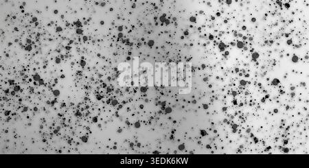 Ein abstrakter künstlerischer Hintergrund mit verstreuten schwarzen Tintentropfen und Spritzern, die auf einem sauberen weißen Hintergrund isoliert sind. Stockfoto