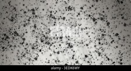 Ein abstrakter künstlerischer Hintergrund mit verstreuten schwarzen Tintenspritzern und subtilen Lichtstreifen auf einer strukturierten, hellgrauen Oberfläche. Stockfoto