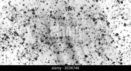 Ein abstrakter künstlerischer Hintergrund mit verstreuten schwarzen Tintenspritzern und subtilen Lichtstrahlen, die eine dynamische und strukturierte monochromatische Komposition schaffen Stockfoto
