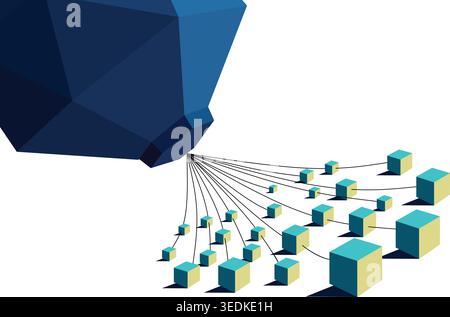Abstrakter isometrischer Vektor der Verarbeitung von Big Data und des Informationsflusses mit verbundenen Cubes und Trichtern Stock Vektor