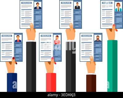 Arbeitsvermittlungsarbeit, Personalwesen und Einstellungskonzept. Übergibt Arbeitssuchende, Bewerber für Position sperren Lebenslauf. Isolierte Vektordarstellung Stock Vektor