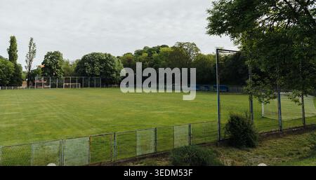 Leeres Fußballfeld mit grünem Gras und Torpfosten, umgeben von dichten Bäumen bei bewölktem Tageslicht. Outdoor-Sport, Erholung, Trainingsgelände und Stockfoto