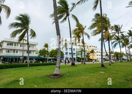Art déco-Architektur und Palmen am Ocean Drive in Miami Beach. Stockfoto