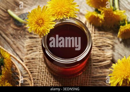 Löwenzahn Honig oder Sirup in einem Glas mit frischen Blumen Stockfoto