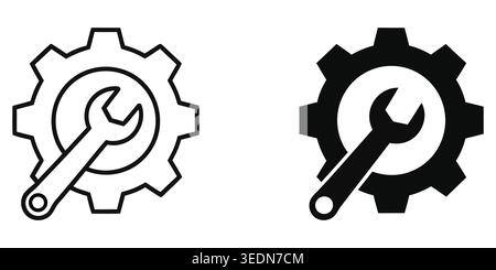 Symbole für Zahnrad und Schraubenschlüssel für Reparatur und Einstellungen Vektor Stock Vektor