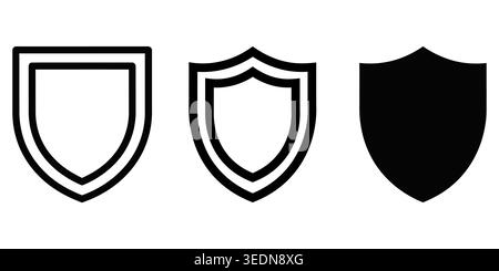 Eine Sammlung von drei einfachen Schildsymbolen mit verschiedenen Konturen und durchgehenden schwarzen Designs für die Verwendung in Sicherheits-, Sicherheits- und Schutzgrafiken Stock Vektor