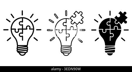 Ein Set aus drei kreativen Glühbirnen-Ikonen, die aus Puzzleteilen gefertigt sind. Diese Vektorgrafiken veranschaulichen Konzepte von Innovation, Strategie und Stock Vektor