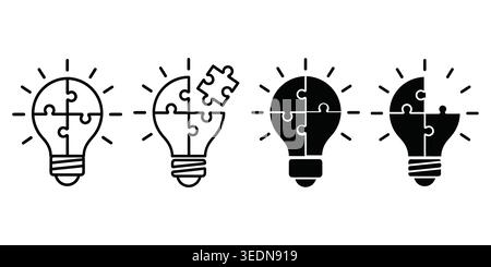 Eine Sammlung von vier Glühlampen-Symbolen, die aus Puzzleteilen zusammengesetzt sind und Innovation, Problemlösung, kreatives Denken und Geschäftswelt darstellen Stock Vektor