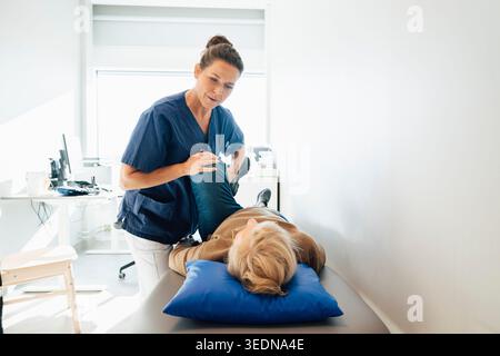 Physiotherapeutin Streckbein einer im Krankenhaus auf dem Untersuchungstisch liegenden Seniorin Stockfoto
