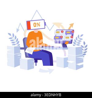 Zu viel Arbeit, Mann im Büro am Computer kann die Arbeit nicht pünktlich erledigen. Energieniveau Null. Vektordarstellung für Arbeitsüberlastung. Stock Vektor
