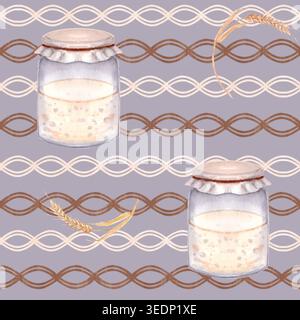 Nahtlose Sauerteigdosen mit Aquarellmuster und geflochtene Ornamentlinien auf gedämpftem Hintergrund. Handgemaltes, handgemaltes Backdesign in warmem Erd Stockfoto