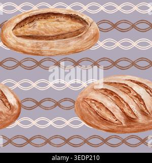 Nahtloses Muster, handgemaltes Sauerteigbrot auf gedämpftem Lavendelhintergrund in warmen Erdtönen. Bäckerei-Design in Wasserfarben, horizontaler Streifenrhythmus Stockfoto