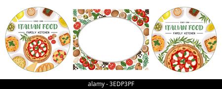 Italienischer Lebensmittelkreis Hintergrund Set Vektor Illustration. Handgezeichnete Pizza mit Tiramisu und Pilzen. Bio-Restaurant-Menü-Design für Italien Café. Mediterrane Küche Küche Lieferverpackung. Stock Vektor