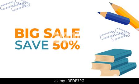 Back to School Sale Rabattbanner mit Schulelementen und Verkaufsetiketten. Für Werbung, Webdesign, soziale Medien und Printwerbung Vektorillustration Stock Vektor