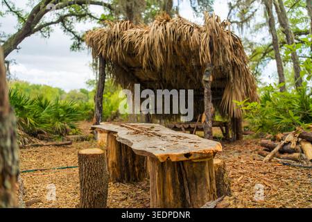 Traditioneller Picknicktisch im Freien aus dicken Rohholzplatten und Baumstümpfen, in der Nähe einer rustikalen Hütte mit Strohdach im Wald. Stockfoto