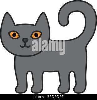 Niedliche graue britische Kurzhaarkatze mit orangefarbenen Augen in flacher Zeichentrickart isoliert auf transparentem Hintergrund. Entzückende Haustier-Zeichen-Vektor-Illustration Stock Vektor