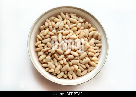 Nahaufnahme von gekochten weißen Bohnen in einer Schüssel, gesundes pflanzliches Protein isoliert auf weißem Hintergrund. Mediterranes Ernährungskonzept. Draufsicht. Stockfoto