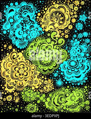 Lebendige Neon-Kritzelkunst auf schwarzem Hintergrund. Handgezeichnete psychedelische Blumen-, Mandala-Muster in Türkis, Gelb und Limettengrün. Doodle-STYLE. Ideal Stockfoto