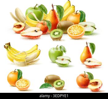 Realistische Früchte. Süße saftige Orange, Pfirsich oder Birne. Grüner Apfel. Vitaminernährung. Kiwi und Pfirsichhälften. Köstliche Aprikose. 3D frische Zitrusfrüchte Stock Vektor