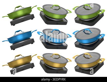 Set aus Edelstahl-Stewpot auf tragbarem Camping-Elektroherd auf weißem Hintergrund Stockfoto