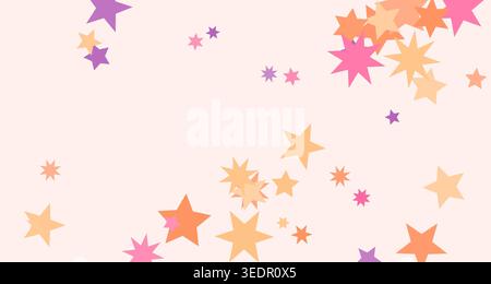 Eine verspielte und skurrile Szene mit verstreuten Sternformen in warmen Farben von Orange, Rosa und Lila bei Sonnenuntergang, vor einem hellrosa Hintergrund. Th Stockfoto