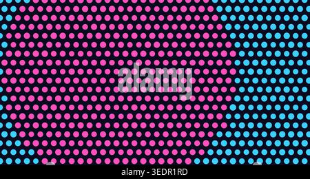 Ein lebendiges und modernes Muster mit aufgeteilten, sich ergänzenden Neontönen in Rosa und Blau, die in einem Raster auf dunklem Hintergrund angeordnet sind, ideal für kreative Zwecke Stockfoto